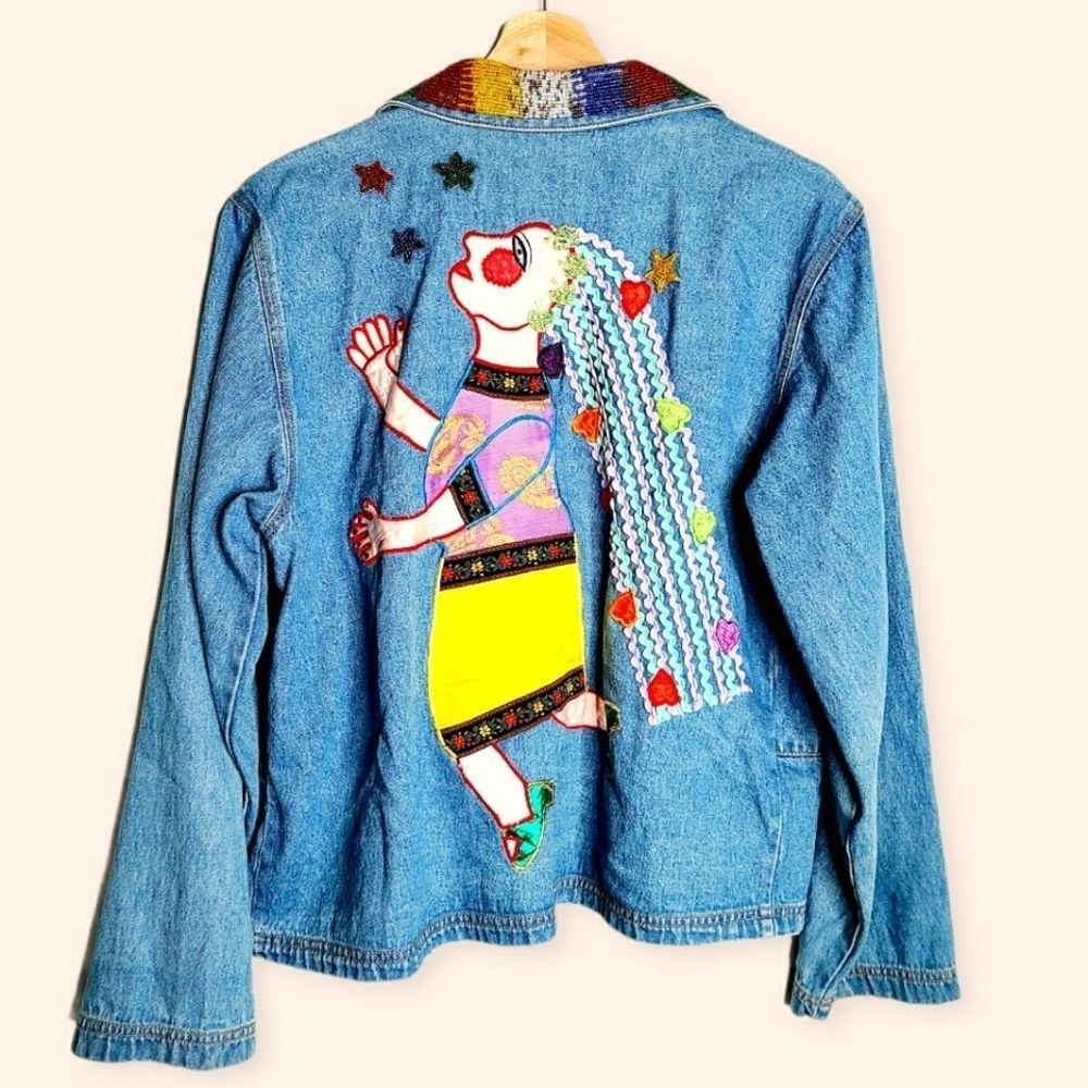 Woman's Chicos Design Embroidered Jean Jacket Beaded 8 Vintage